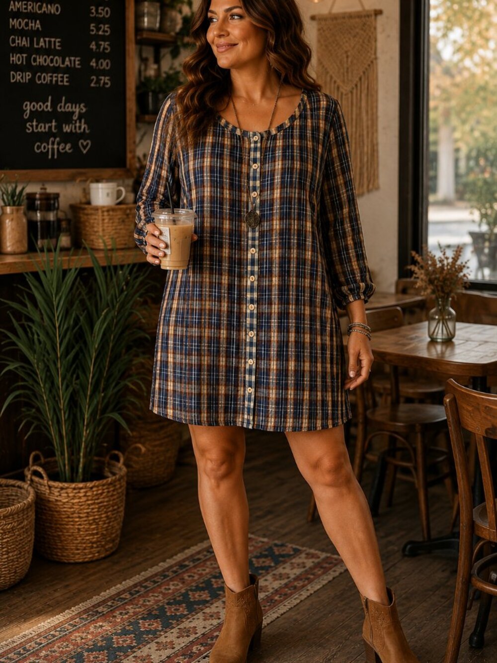 Territory Ahead Plaid Crinkle Cotton Boho Mini Dress Size 10 Blue Brown